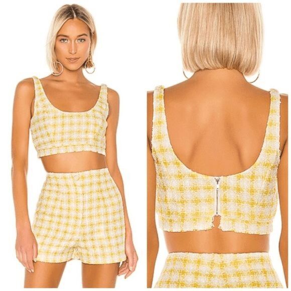 NBD Tops - NBD Shawna Plaid Crop Top Women's Size S Yellow Scoop Neck Boho